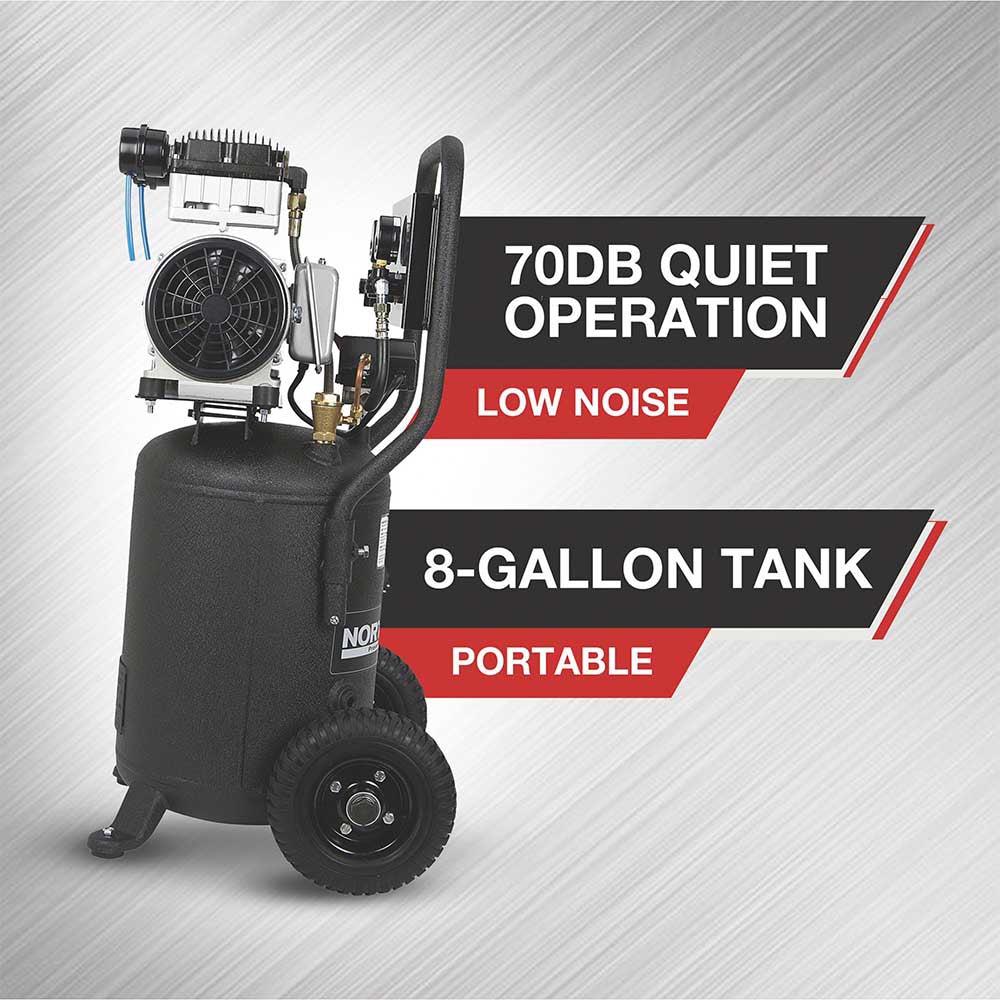 Portable air compressor with 8-gallon tank and 70dB quiet operation on a gray background