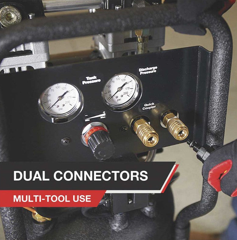 Air compressor control panel with dual connectors and pressure gauges, featuring NorthStar Electric Air Compressor branding.