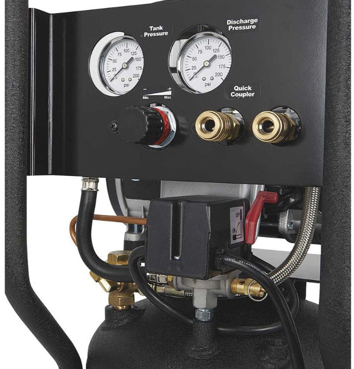 Close-up of a NorthStar Electric Air Compressor with pressure gauges and connectors on a white background.